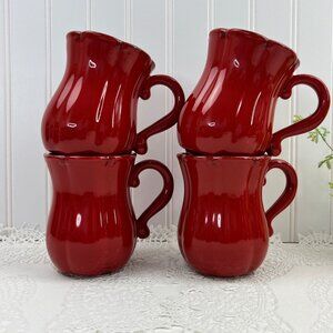 4 Red 12 Oz Coffee Tea Mugs Scalloped Edge Ribbed Ceramic Tulip Shaped